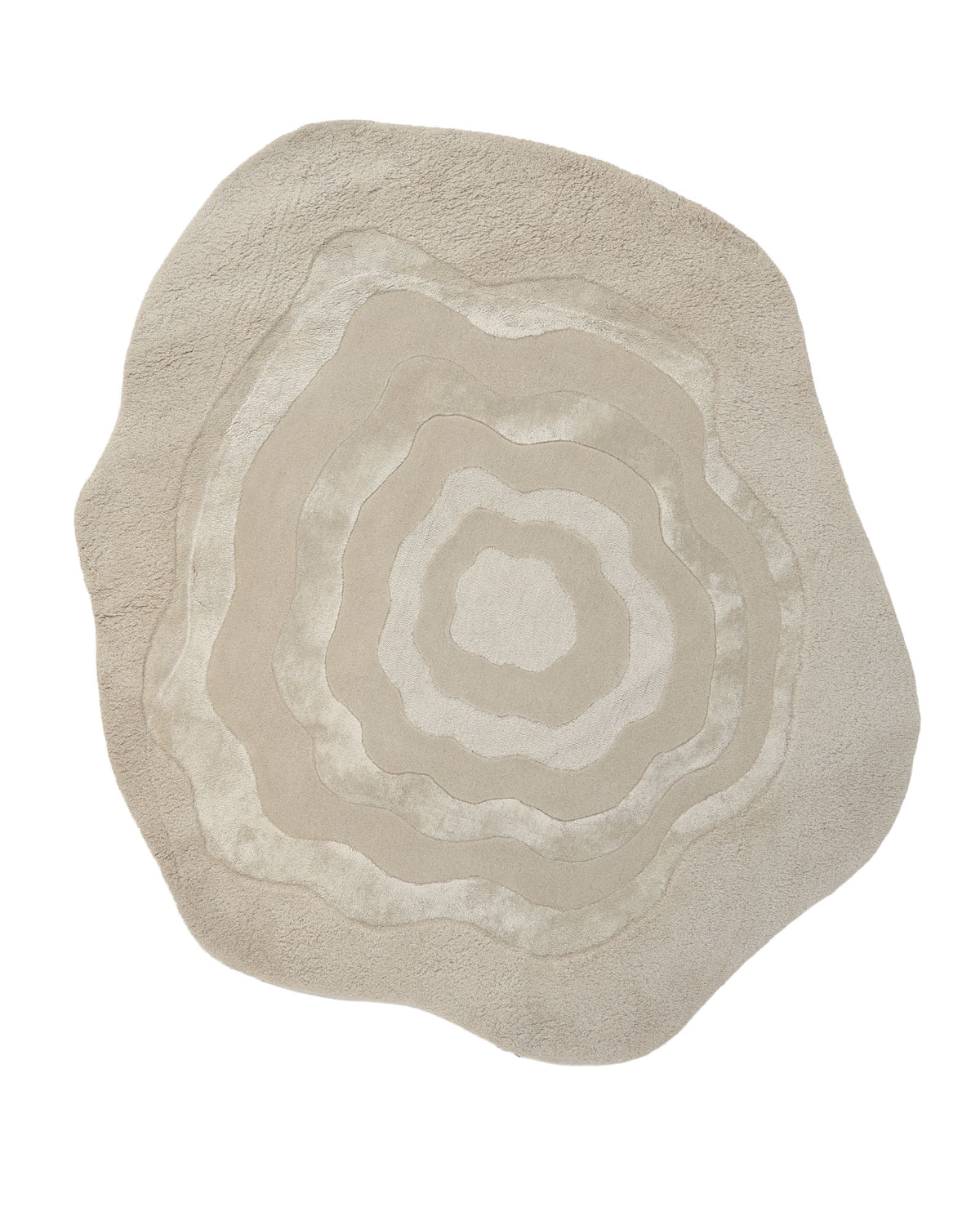 Introducing the RAMSHA HOME Multi Color Handmade Area Rug - HTWV 148: This irregularly shaped area rug features concentric, wavy layers reminiscent of topographic lines or gentle ripples. Showcasing a neutral palette with varying shades of beige and cream, it is expertly crafted from a hand-tufted wool blend for both style and comfort.