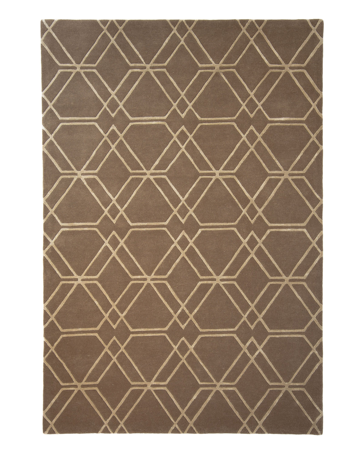 The Stunning Multi Color Hand-Tufted Rug HTWV 21 by RAMSHA HOME features a geometric pattern of intersecting beige lines that form diamond and hexagon shapes across its brown rectangular surface, making it a striking modern wool rug for any contemporary space.