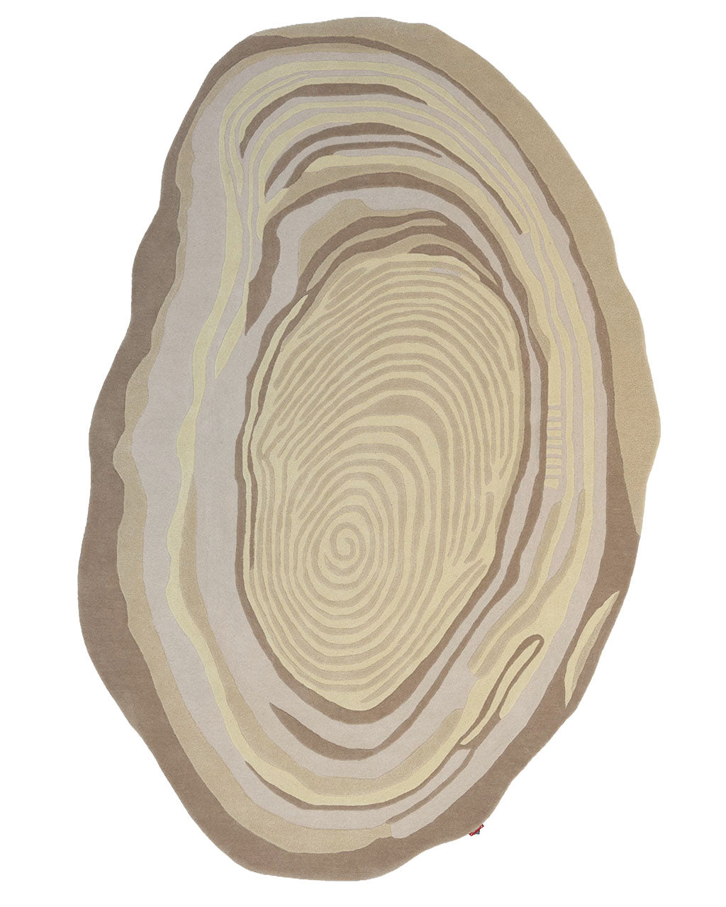 The RAMSHA HOME Terra Eclipse Oval Handmade Rug Accent Rug HTW-155 features an irregular oval shape with concentric beige and brown rings reminiscent of tree rings or a topographic map. Radiating outward from the center in varying shades, this striking handmade rug creates an abstract effect that serves as a unique accent piece.