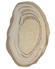 The RAMSHA HOME Terra Eclipse Oval Handmade Rug Accent Rug HTW-155 features an irregular oval shape with concentric beige and brown rings reminiscent of tree rings or a topographic map. Radiating outward from the center in varying shades, this striking handmade rug creates an abstract effect that serves as a unique accent piece.