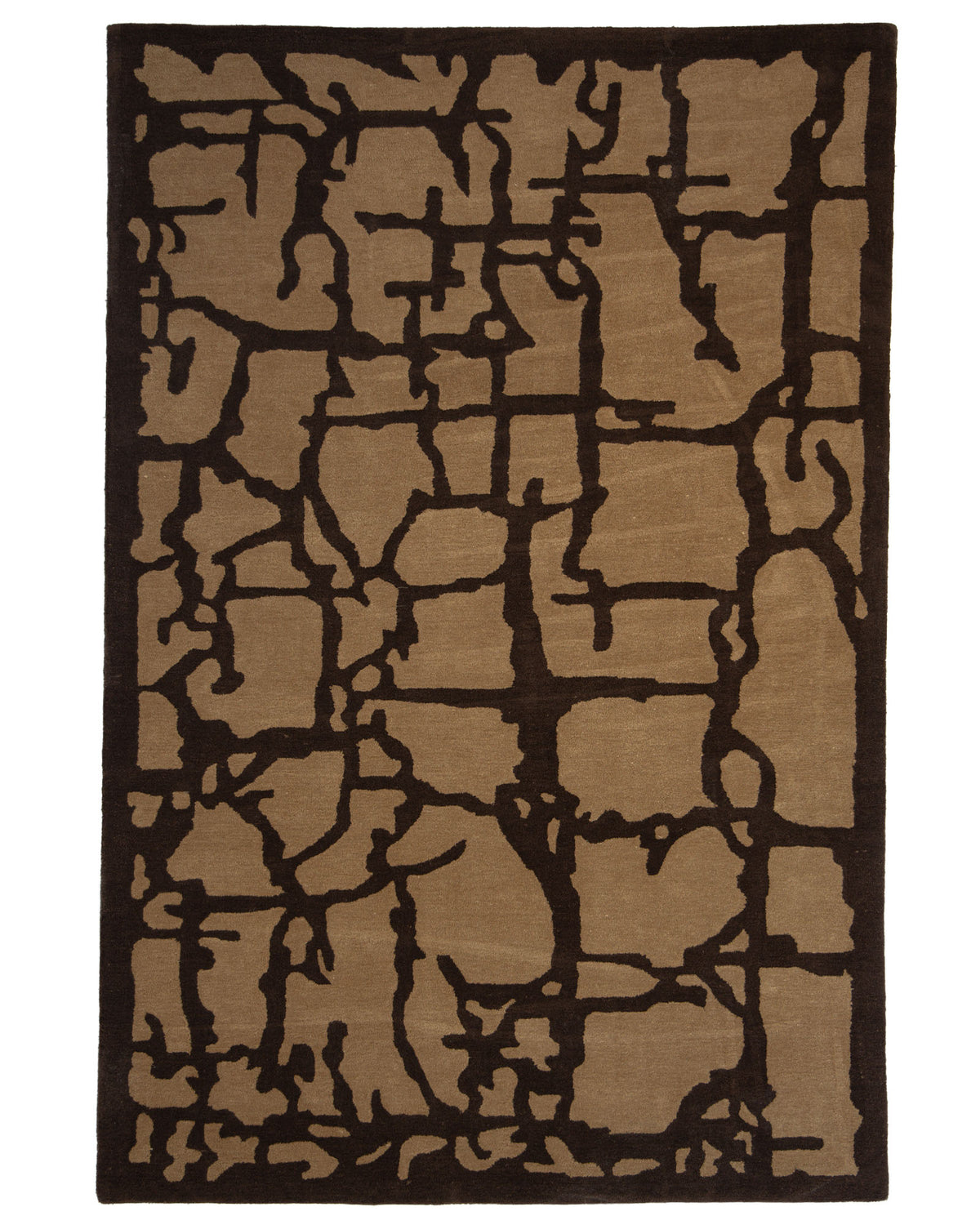 Introducing the Multi Handmade Area Rug - HTP 21 by RAMSHA HOME (200x300cm), this hand-tufted rectangular rug displays a tan background with an abstract dark brown pattern of intersecting organic lines and shapes. Effortlessly combining artistic design and contemporary style, this RAMSHA HOME area rug makes a striking addition to any space.