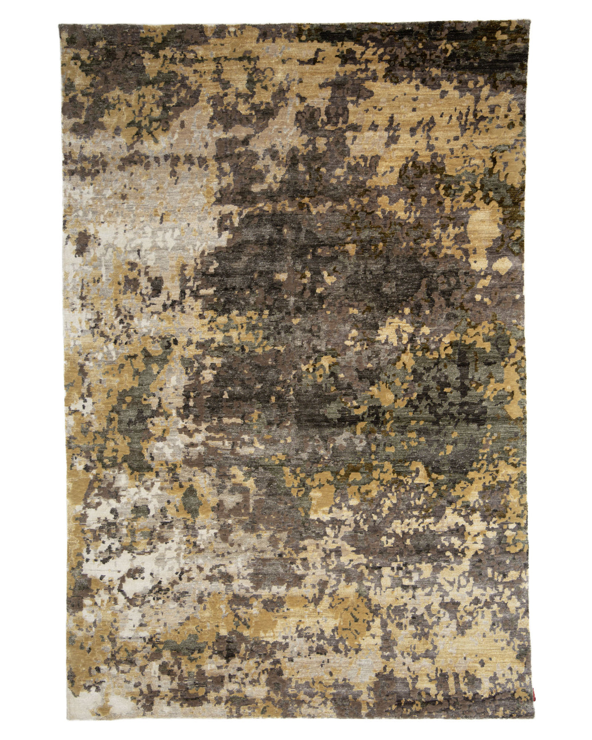 Introducing the RAMSHA HOME Bamboo Silk & Cotton Carpet HKWB-014—a hand-knotted area rug featuring an abstract, mottled pattern in earthy brown, gold, beige, and gray tones. Crafted for a textured, weathered look, this elegant carpet adds depth and character to any space.