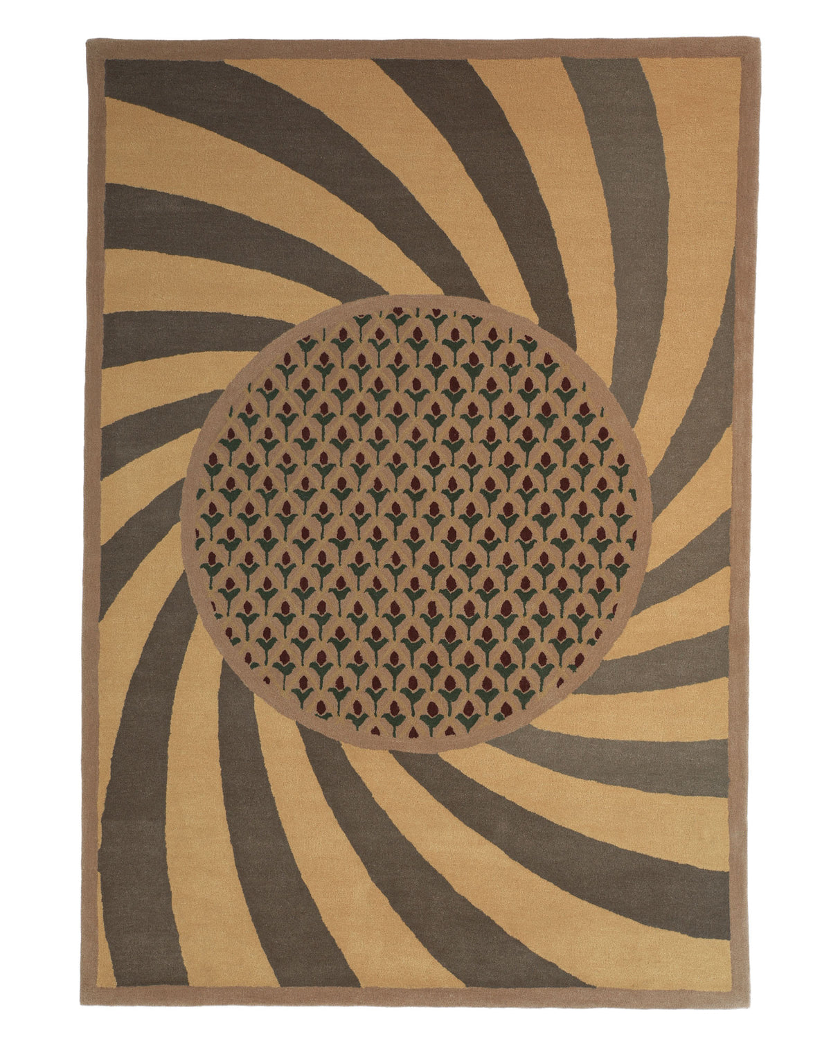 Introducing the RAMSHA HOME Modern Mustard & Grey Wool Carpet HTW-30—a rectangular area rug showcasing a central circle of stylized black flowers set against a tan background, encircled by dynamic swirling mustard and grey spiral rays that create an eye-catching optical illusion. Expertly hand-tufted from premium wool, this contemporary piece offers both luxurious comfort and striking modern style for your living space.