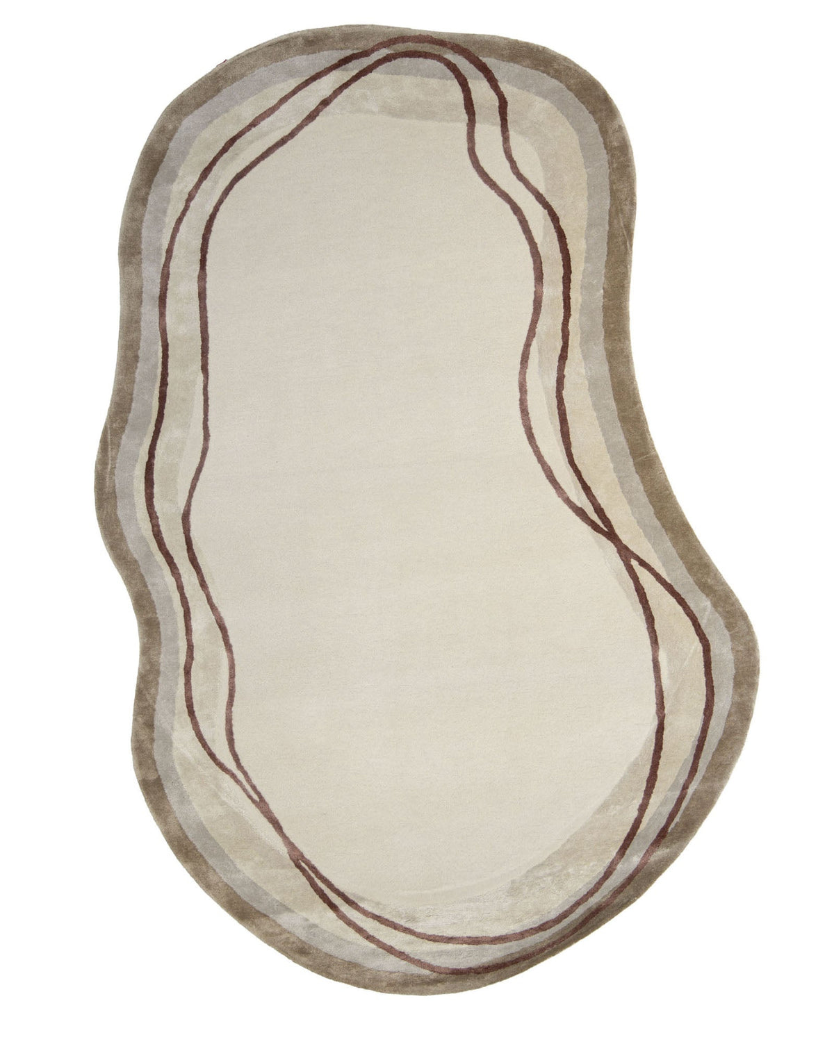 The Handmade Hand-Tufted Carpet HTWV-60 by RAMSHA HOME features an irregularly shaped beige design with soft brown, taupe, and maroon wavy lines that create layered, organic borders around the edges.