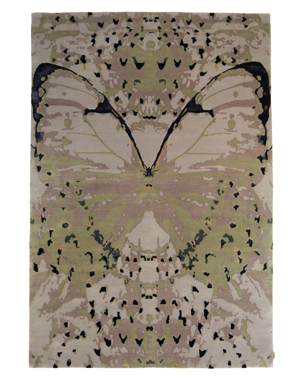 Introducing the RAMSHA HOME Butterfly Design Carpet For Every Room HKWV-010: a hand-knotted area rug in beige and olive green, featuring an abstract butterfly motif in black with intricate wing patterns and spotted details throughout, showcasing exquisite craftsmanship and artistry.