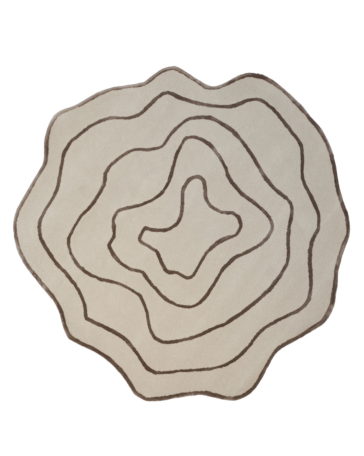 The Handmade Multi Color Hand-Tufted Area Rug HTWV-65 by RAMSHA HOME features an irregular cream shape with wavy brown lines inspired by topographic contours, bringing a unique, artistic flair to any room.