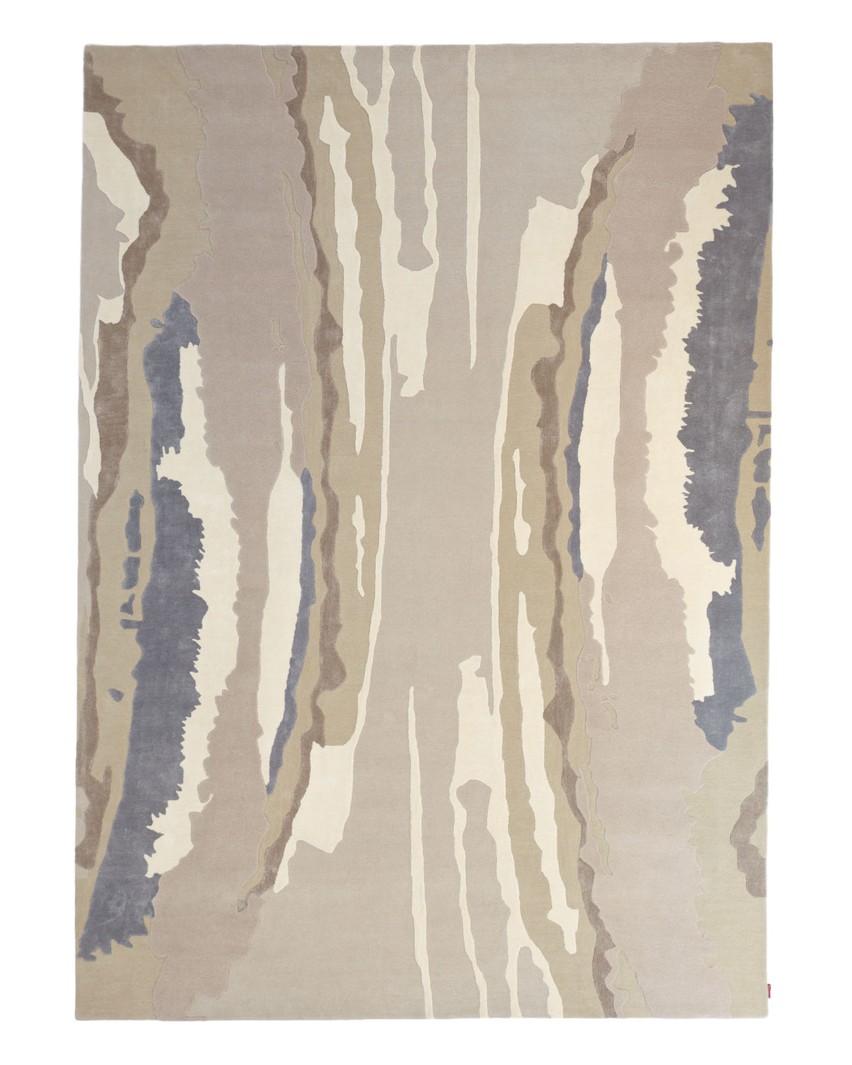 The Classic Rectangle Handmade Area Rug- HTWV 177 (300x400 cm) by RAMSHA HOME features vertical, wavy stripes in beige, tan, cream, gray, and muted blue tones that evoke natural textures or wood grain. Hand tufted from viscose, this rug offers a soft feel and a modern design with its subtle neutral palette—perfect for enhancing any space.