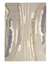 The Classic Rectangle Handmade Area Rug- HTWV 177 (300x400 cm) by RAMSHA HOME features vertical, wavy stripes in beige, tan, cream, gray, and muted blue tones that evoke natural textures or wood grain. Hand tufted from viscose, this rug offers a soft feel and a modern design with its subtle neutral palette—perfect for enhancing any space.