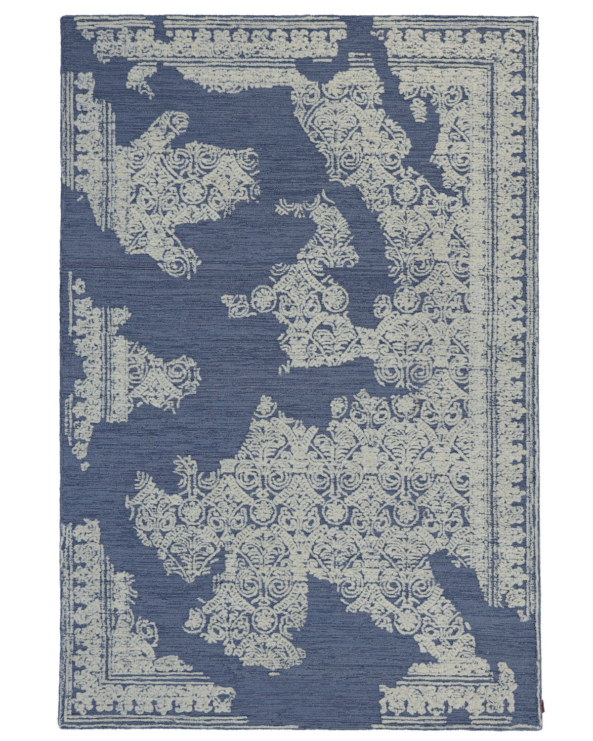 Introducing the Blue Mosaic Handcrafted Luxury Area Rug- HTW 145 by RAMSHA HOME—a blue rectangular rug detailed with an ornate cream pattern reminiscent of a gracefully faded vintage design, and framed by intricate decorative motifs. This vintage-inspired rug adds timeless charm and character to any space.
