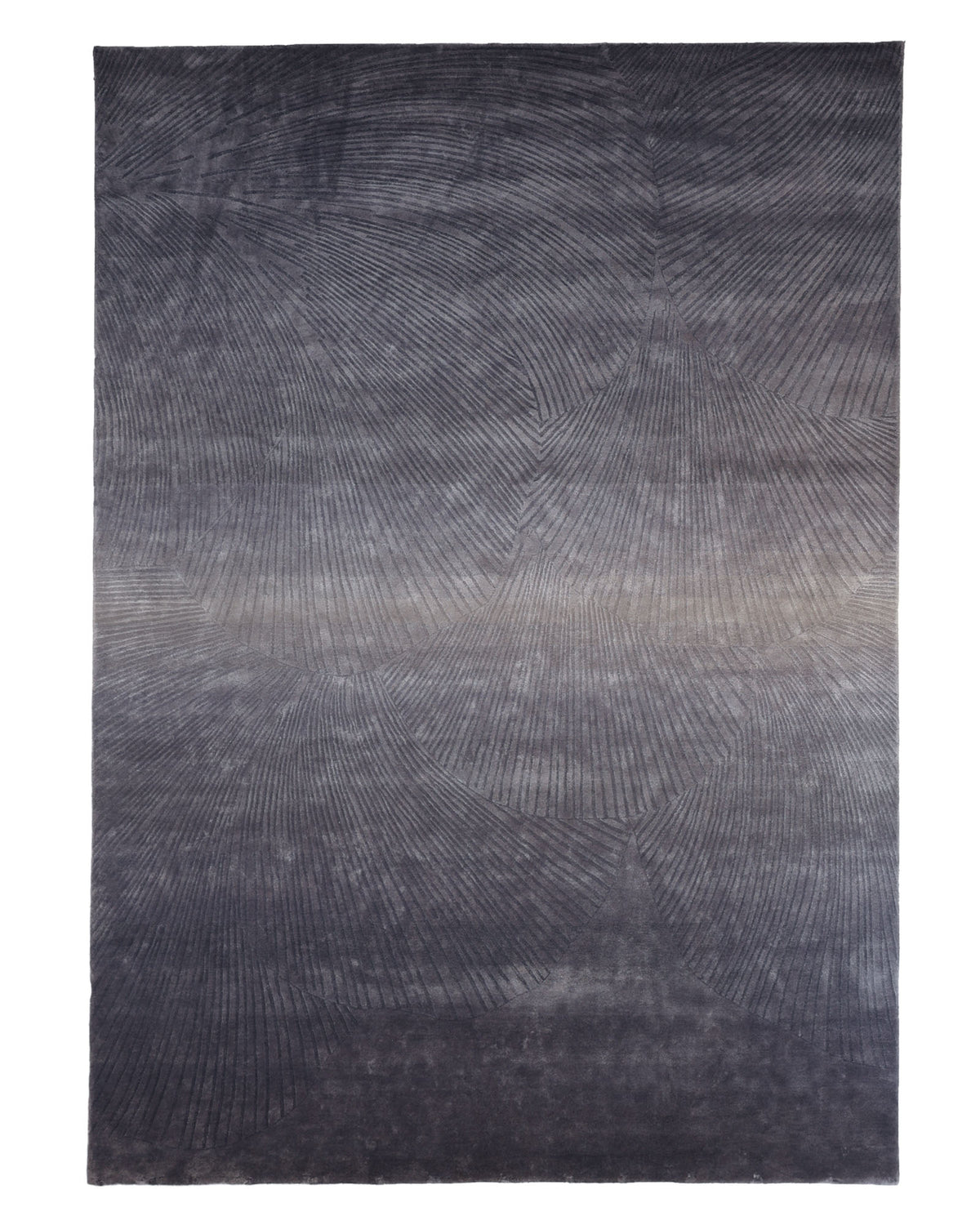 The Blue Ginkgo Fan Handmade Rug HTV 29 (300x400 cm) by RAMSHA HOME showcases a modern Scandinavian design, featuring a dark gray gradient and subtle, radiating line patterns for a textured, abstract look. Expertly crafted from Tencel and cotton, this handmade geometric rug adds sophisticated style and soft comfort to any space.