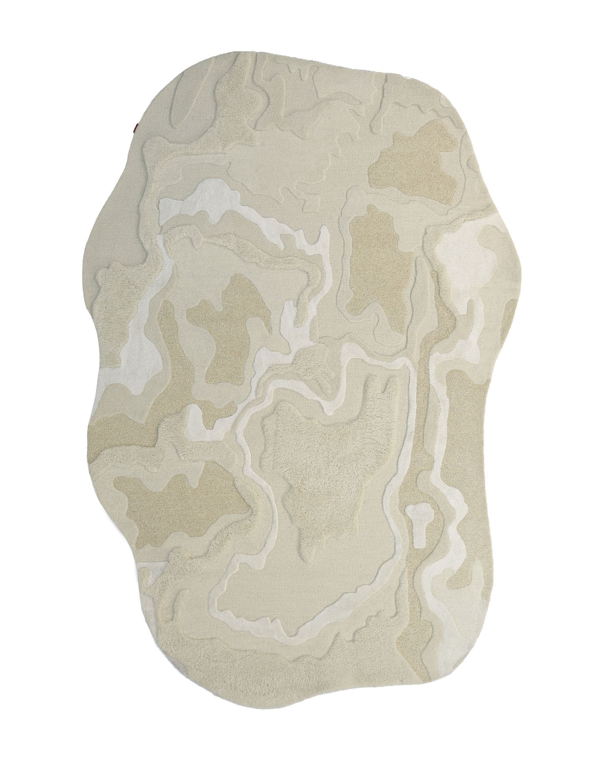 Introducing the Handcrafted Natural White Area Rug – HTWV-129 by RAMSHA HOME: This modern abstract rug features an irregular shape with wavy patterns in varying shades of cream, tan, and off-white, reminiscent of a topographic map or organic terrain. Its dynamic design brings visual interest and contemporary flair to any space.