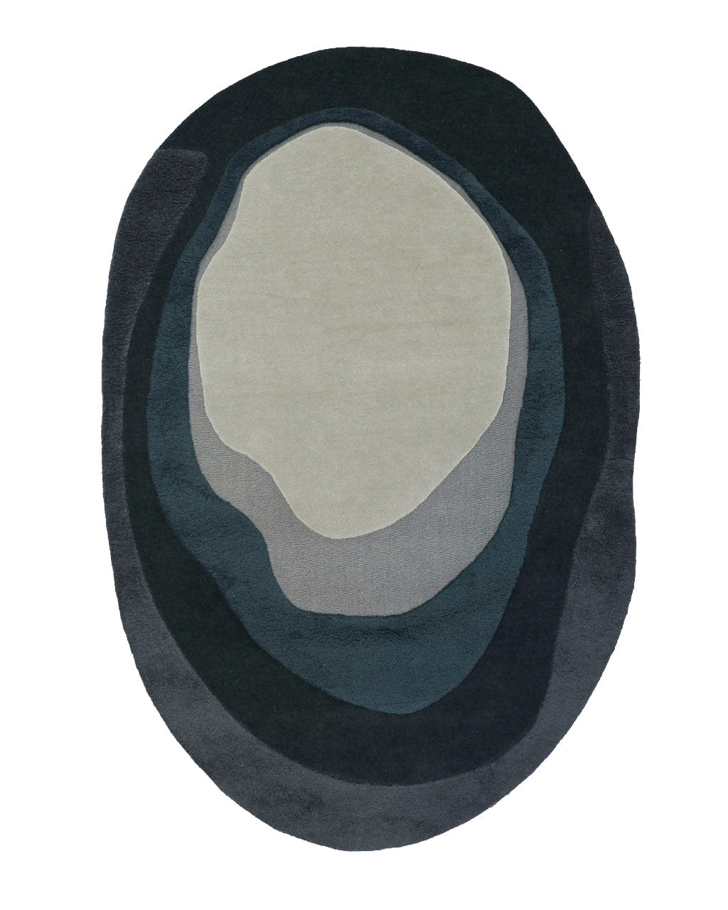 The Handmade Layered Abstract Shaped Rug HTW 131 (200 x 300 cm) from RAMSHA HOME features an eye-catching oval, irregular design with layered abstract forms in sophisticated shades of gray and blue. Reminiscent of watercolor artwork or flowing topographic lines, this modern area rug is hand tufted for a luxurious feel, making it a striking addition to any contemporary space.