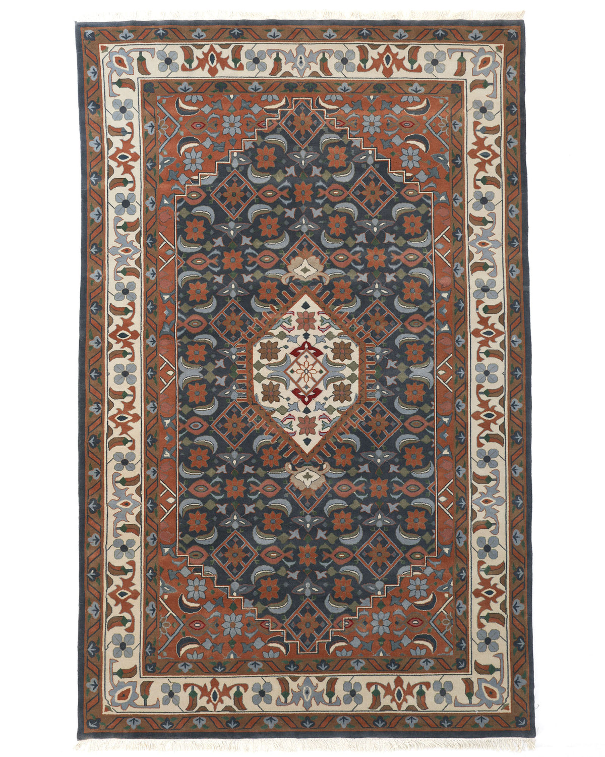 The RAMSHA HOME Hand Knotted Traditional Persian-Inspired Floral Medallion Rug (240x375 cm, HKW-07) features a rectangular design with a central diamond medallion, dark blue and rust red geometric motifs, and a cream border adorned with floral patterns—beautifully capturing the timeless elegance of Persian-inspired craftsmanship.