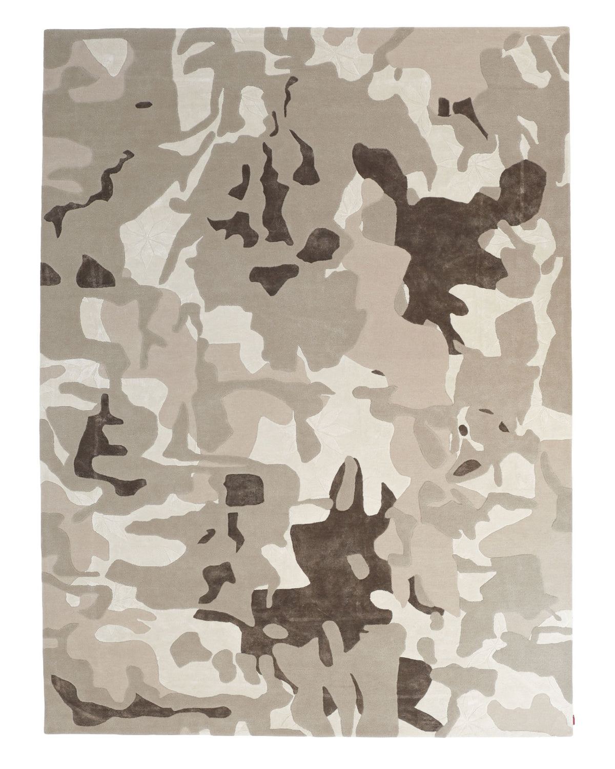 The RAMSHA HOME Abstract Wool & Viscose Handmade Carpet 300x400 – HTWV-180 is a rectangular, hand-tufted rug showcasing an abstract camouflage design in shades of beige, tan, cream, and brown.