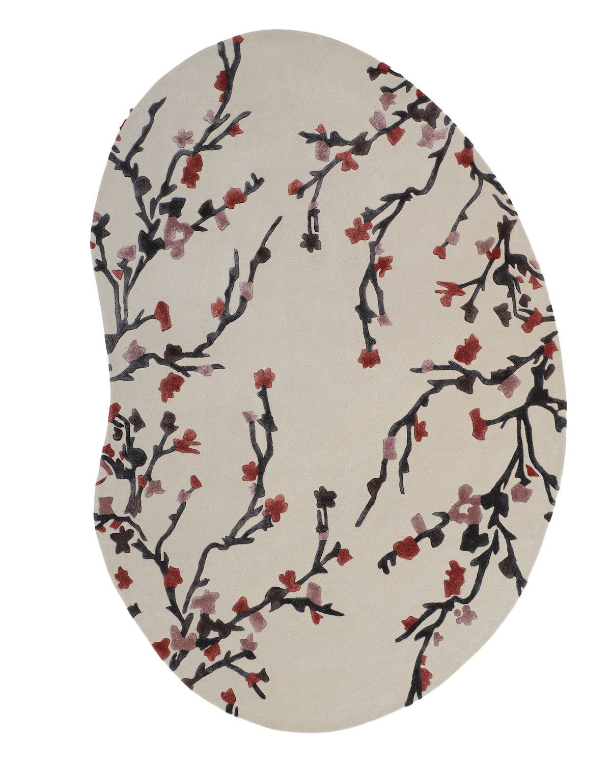 Introducing the RAMSHA HOME Multi Color Handmade Area Rug HTWV-119—an elegant oval rug featuring a cream background adorned with dark branches and scattered red and pink floral accents.