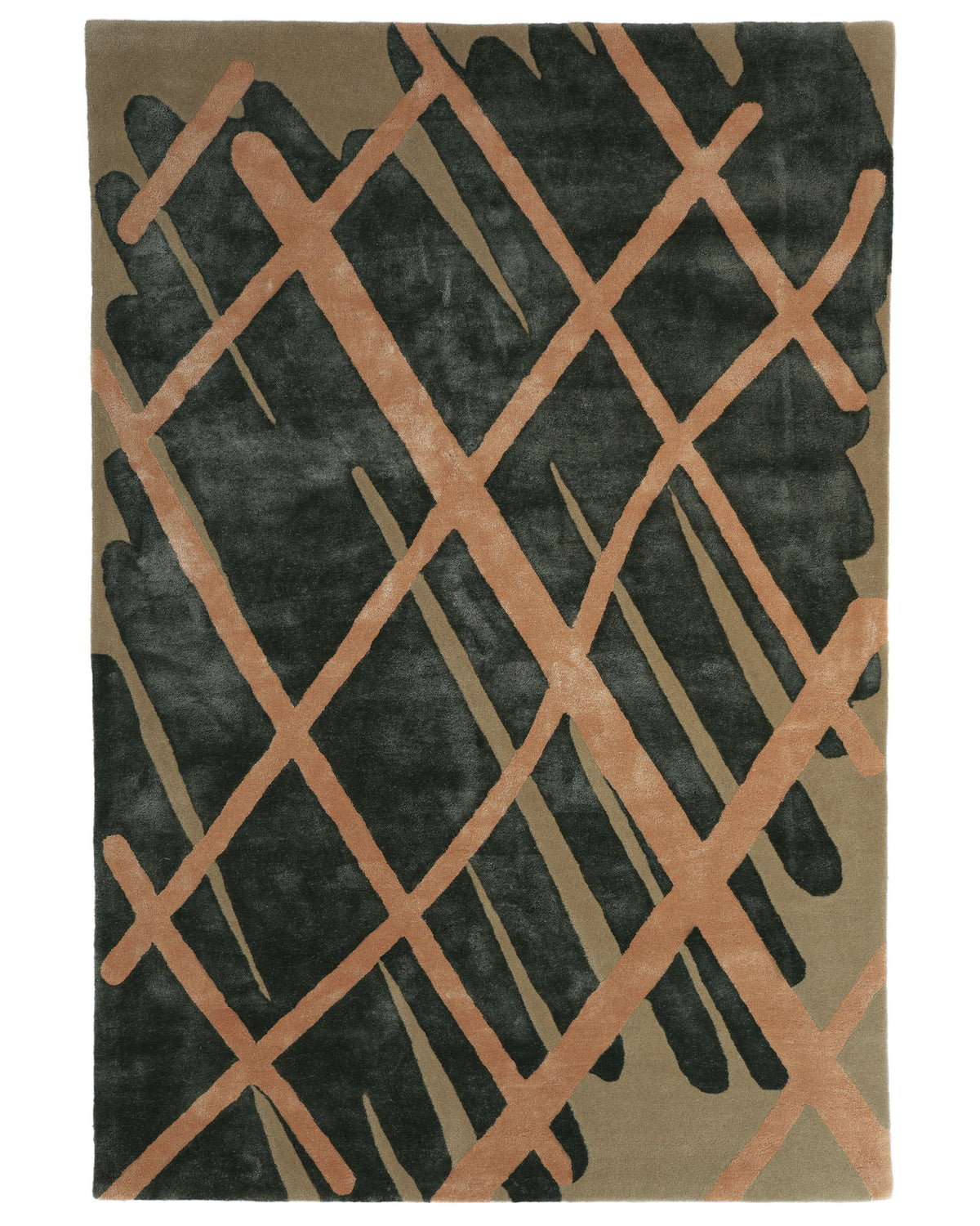 Introducing the Sage Green & Beige Contemporary Designer Rug 180x270 cm- HTWV 22 by RAMSHA HOME—this rectangular rug features a sophisticated sage green background accented by overlapping diagonal beige lines in a modern crisscross pattern. Its abstract geometric design brings contemporary flair and striking visual interest to any space.