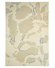 The Abstract Multi-Tone Handmade Carpet – HTWV-175 by RAMSHA HOME features a modern design in beige and cream with an organic pattern of overlapping shapes outlined in white, accented by dark blue lines and subtle grey-blue tones throughout. Crafted from a soft viscose blend, this 200x300 cm carpet brings contemporary style and comfort to any space.