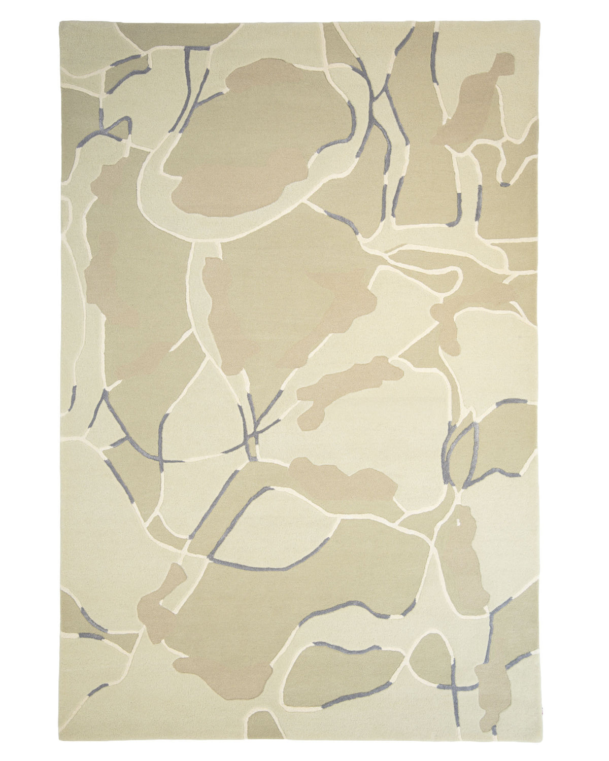 The Abstract Multi-Tone Handmade Carpet – HTWV-175 by RAMSHA HOME features a modern design in beige and cream with an organic pattern of overlapping shapes outlined in white, accented by dark blue lines and subtle grey-blue tones throughout. Crafted from a soft viscose blend, this 200x300 cm carpet brings contemporary style and comfort to any space.