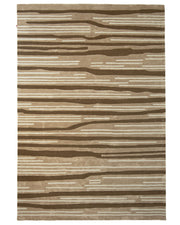 Introducing the Amazing Multi Color Bedroom Floor Rug - ZUA 13 (250x350cm) by RAMSHA HOME: this rectangular, handtufted area rug features a neutral beige background with an elegant pattern of horizontal brown and cream lines that resemble wood grain or abstract stripes. Its modern striped design adds subtle texture and contemporary style to any space.