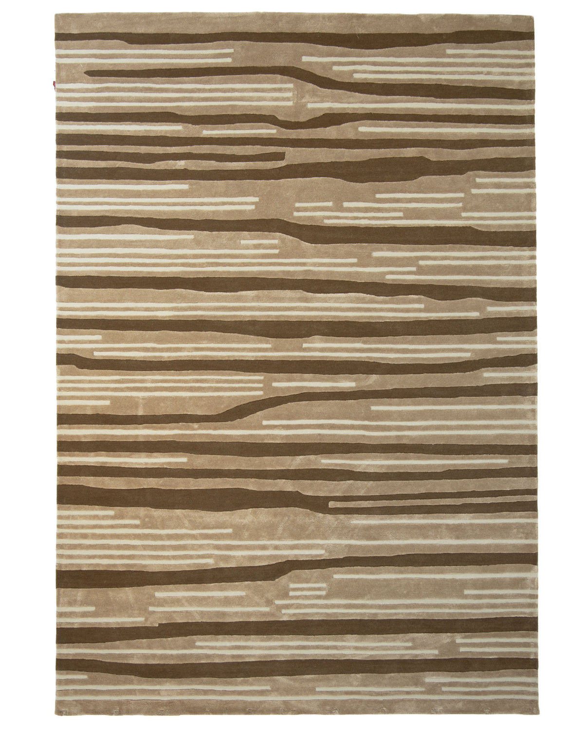 Introducing the Amazing Multi Color Bedroom Floor Rug - ZUA 13 (250x350cm) by RAMSHA HOME: this rectangular, handtufted area rug features a neutral beige background with an elegant pattern of horizontal brown and cream lines that resemble wood grain or abstract stripes. Its modern striped design adds subtle texture and contemporary style to any space.