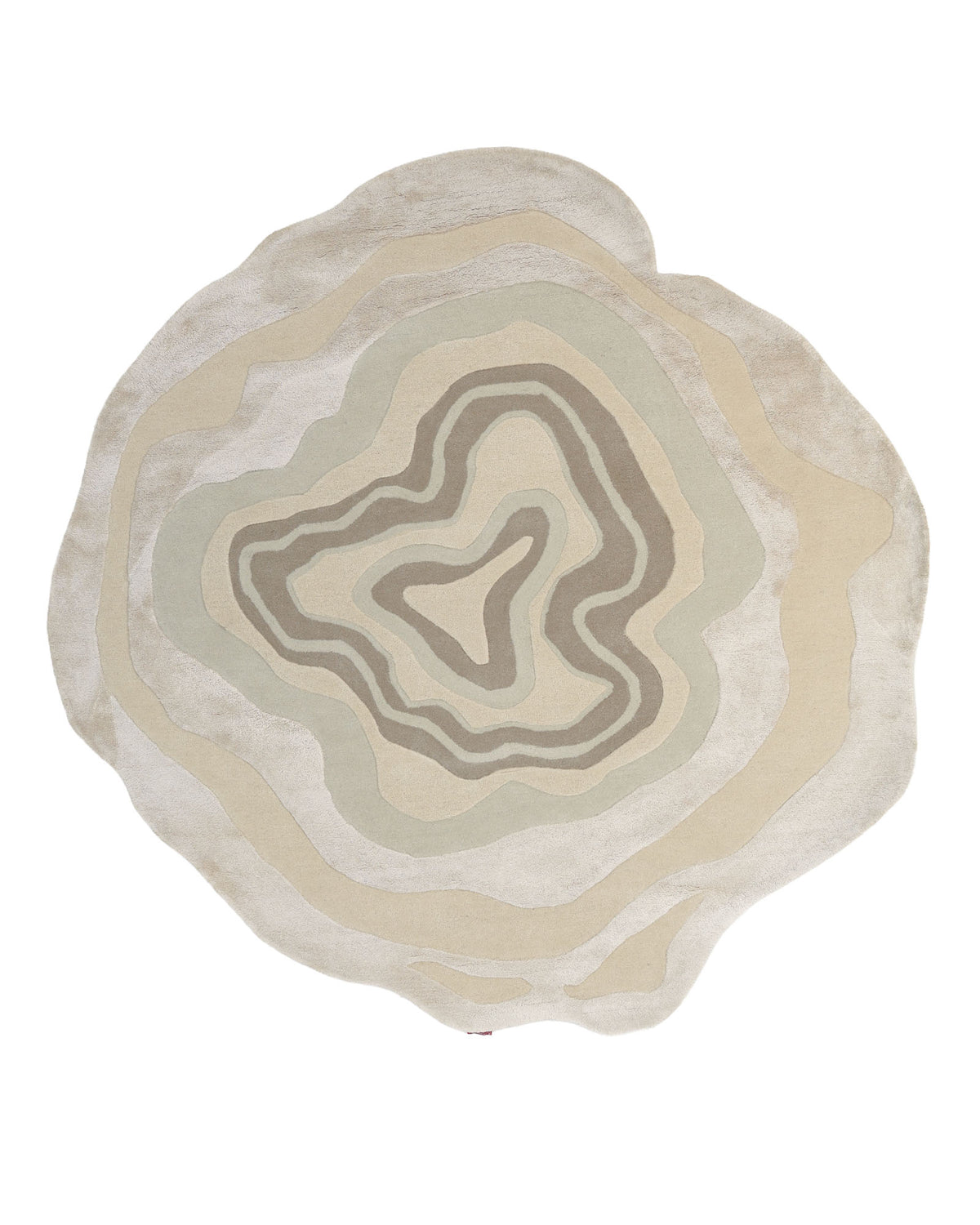 The RAMSHA HOME Modern Spiral Shape Rug Neutral Beige & Green 200 cm – HTWV 208 features abstract concentric shapes in beige, cream, and green reminiscent of a topographic map or tree rings. Viewed from above on a white background, this striking neutral area rug adds modern texture and organic style to any space.