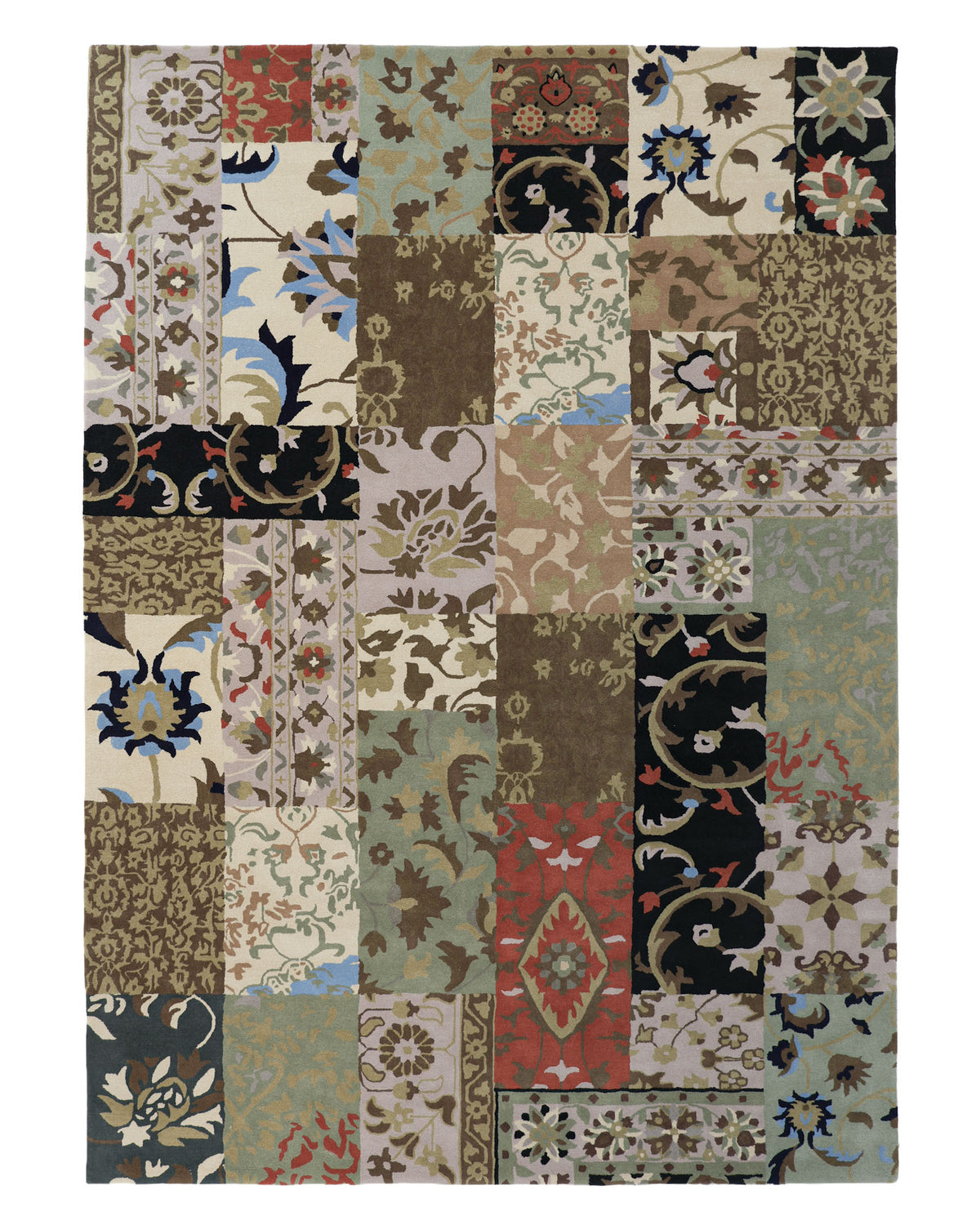 Introducing the RAMSHA HOME Vintage Patchwork Floral Multicolor Rug – HTW-43 (300x400 CM): This hand tufted, rectangular area rug features a captivating quilt-like mosaic design adorned with floral and ornamental patterns in rich shades of brown, cream, green, red, blue, and black. Combining artistry and comfort, it serves as a striking accent piece for any room.