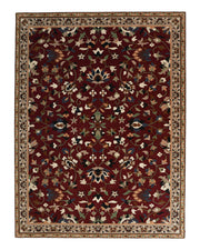 Introducing the Wool & Cotton Handmade Area Rug HTW-08 by RAMSHA HOME—a rectangular traditional rug with a deep red background, showcasing an intricate floral and vine pattern in cream, green, blue, and tan. This elegant design is framed by a lighter border adorned with a delicate smaller floral motif.
