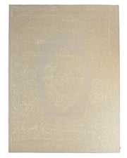 The RAMSHA HOME Handmade Beige Area Rug (300x400 cm, HTWV-56) features an ornate, symmetrical gold scroll and central medallion pattern, making it a perfect choice to add elegance to any traditional space.
