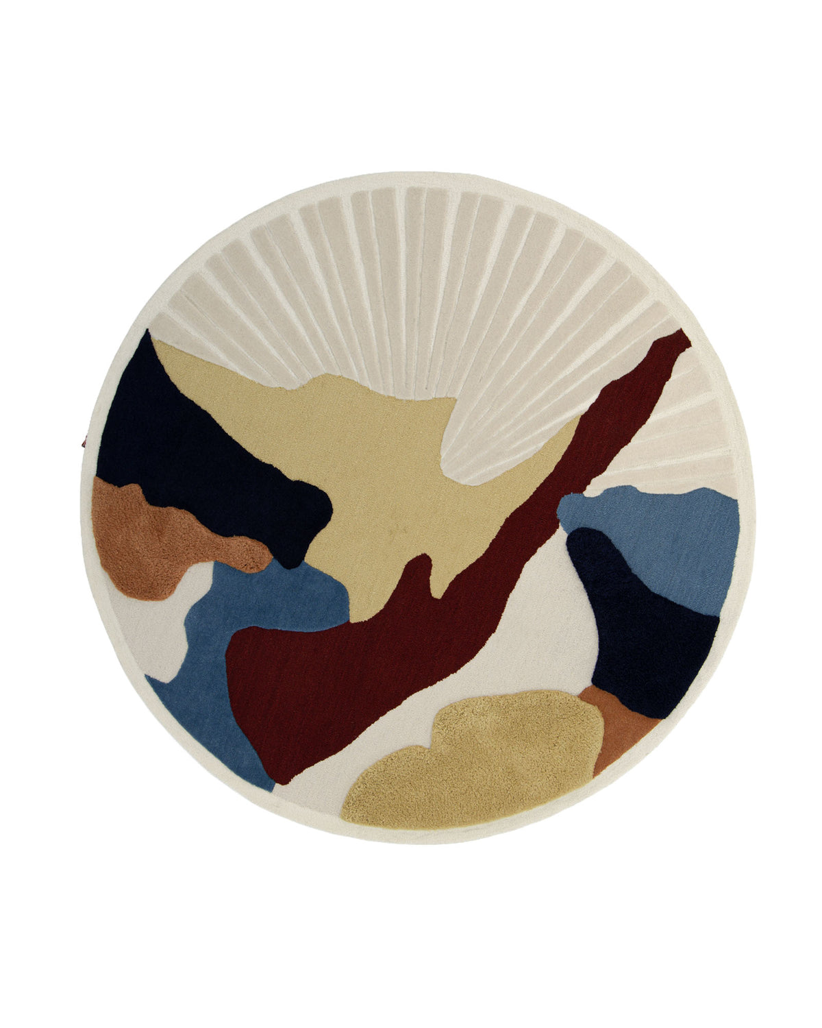 The RAMSHA HOME Handmade Wool & Cotton Abstract Round Area Rug HTW 125 (200cm) showcases an artistic design with multicolored patterns in shades of beige, red, navy, blue, brown, and white.