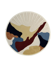 The RAMSHA HOME Handmade Wool & Cotton Abstract Round Area Rug HTW 125 (200cm) showcases an artistic design with multicolored patterns in shades of beige, red, navy, blue, brown, and white.