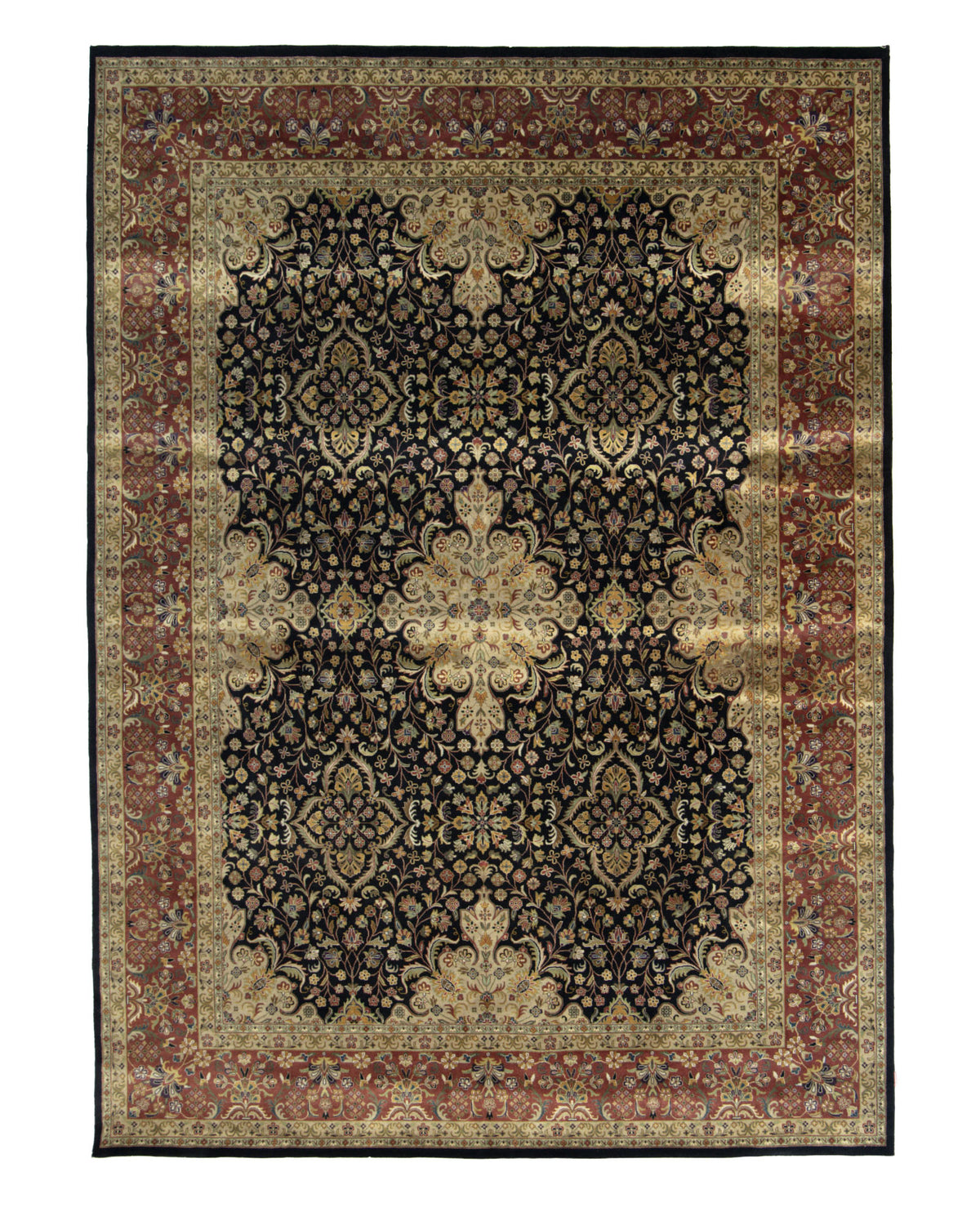 The RAMSHA HOME Persian Design Area Rug - HKW-06 is a rectangular wool rug featuring an intricate floral pattern in black, gold, and cream, finished with a decorative red and gold border.