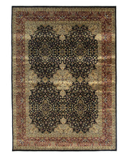 The RAMSHA HOME Persian Design Area Rug - HKW-06 is a rectangular wool rug featuring an intricate floral pattern in black, gold, and cream, finished with a decorative red and gold border.