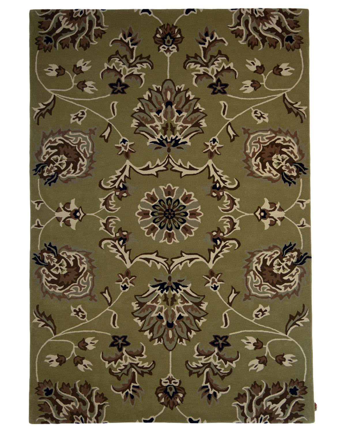 Introducing the Home Decor Multi Color Handmade Rug - HTW 10 (200x300 cm) by RAMSHA HOME. This rectangular rug features an ornate, symmetrical floral pattern in shades of green, brown, cream, and dark blue set against a muted green background. The traditional design is adorned with stylized flowers and curving vines throughout, adding timeless elegance to your decor.