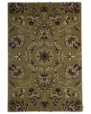 Introducing the Home Decor Multi Color Handmade Rug - HTW 10 (200x300 cm) by RAMSHA HOME. This rectangular rug features an ornate, symmetrical floral pattern in shades of green, brown, cream, and dark blue set against a muted green background. The traditional design is adorned with stylized flowers and curving vines throughout, adding timeless elegance to your decor.