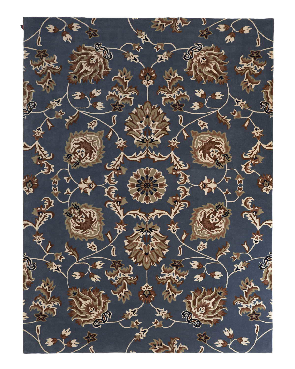 Introducing the Handmade Blue Persian Wool Carpet 300x400 cm by RAMSHA HOME (HTW-15). This luxurious hand-tufted wool carpet features a classic blue rectangular design adorned with symmetrical Persian-inspired floral patterns in rich brown, beige, and cream tones. Elegant vines and leaves are intricately woven throughout the surface, embodying timeless sophistication and craftsmanship from RAMSHA HOME.