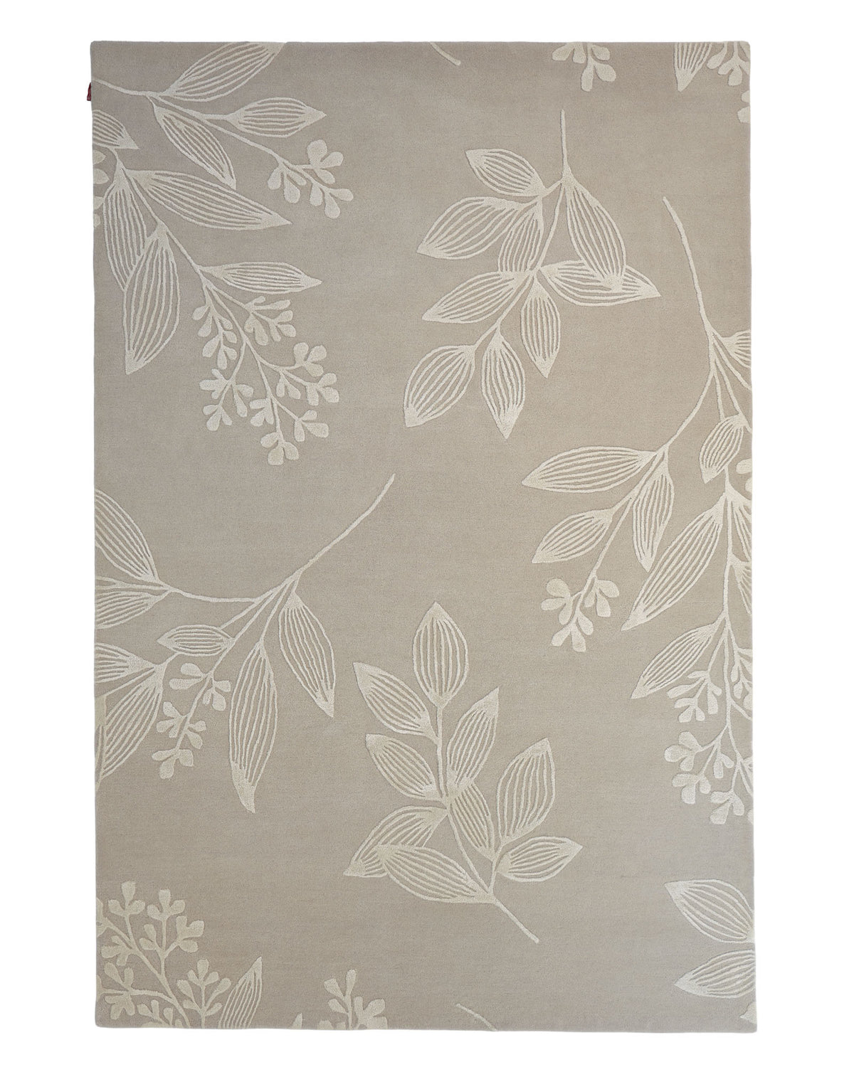 Introducing the Natural Beige & Ivory Handmade Area Rug - HTWV-146 by RAMSHA HOME. This elegant area rug showcases a subtle white botanical pattern of various leaves and delicate branches across its natural beige surface. Hand-tufted from premium wool, it features a simple, nature-inspired design that effortlessly enhances any space.