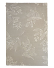 Introducing the Natural Beige & Ivory Handmade Area Rug - HTWV-146 by RAMSHA HOME. This elegant area rug showcases a subtle white botanical pattern of various leaves and delicate branches across its natural beige surface. Hand-tufted from premium wool, it features a simple, nature-inspired design that effortlessly enhances any space.