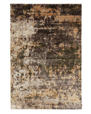 Introducing the RAMSHA HOME Hand Knotted Abstract Vintage-Inspired Bamboo Silk Rug KNTC 22-200x300 CM, a rectangular rug featuring an earthy, abstract design in shades of brown, beige, olive green, and gray that evokes the look of camouflage or a weathered surface.