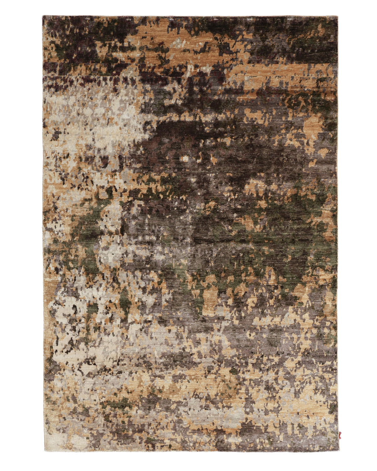 Introducing the RAMSHA HOME Hand Knotted Abstract Vintage-Inspired Bamboo Silk Rug KNTC 22-200x300 CM, a rectangular rug featuring an earthy, abstract design in shades of brown, beige, olive green, and gray that evokes the look of camouflage or a weathered surface.