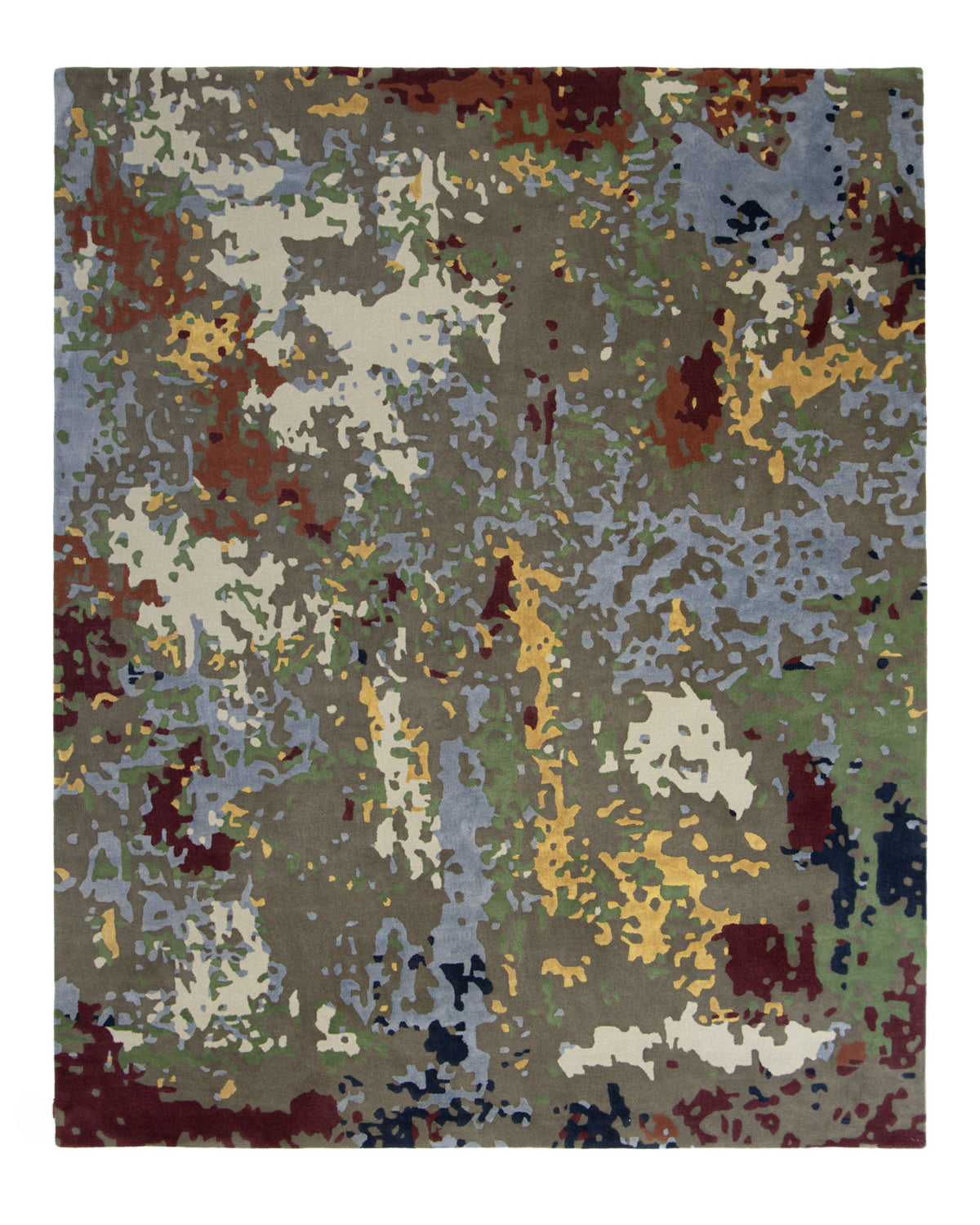 Introducing the RAMSHA HOME Modern Artistic Handmade Rug 240x300 cm (ZUA-21), showcasing an abstract contemporary design with irregular blotches in brown, gray, blue, yellow, green, white, and maroon that create a striking camouflage or paint-splatter effect across its surface.