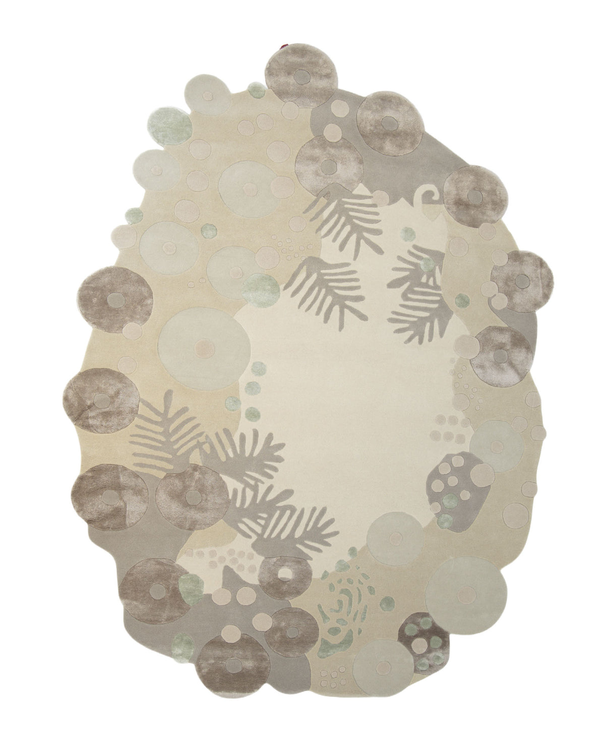 Introducing the RAMSHA HOME Organic Shaped Rug with Abstract Floral & Botanical design (200x300 cm – HTWV 212): This handmade rug features soft natural curves, irregular edges, and layered textures in muted beige, taupe, and green tones. Circular shapes and organic leaf-like patterns add subtle artistry to any space, creating a truly unique statement with its abstract botanical motif.