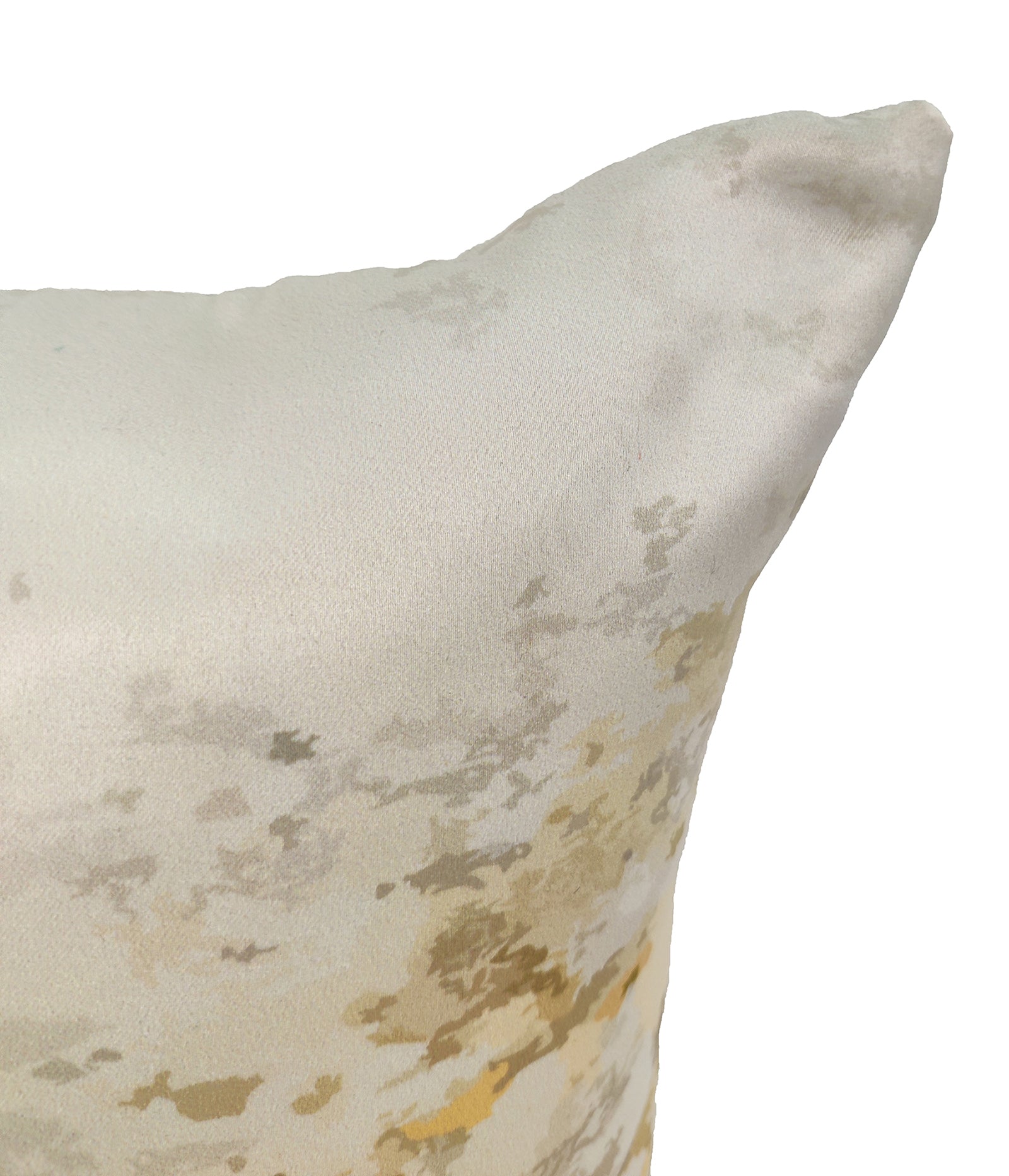 Close-up of the top corner of the Polyester Cushion Gradient Print Cushion With Insert cs-245, showing its light cream background with abstract beige, gray, and yellow patterns. The cushion is made of smooth, soft polyester.
