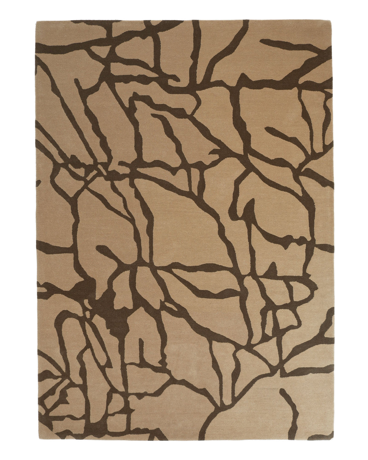 Introducing the Stunning Multi Color Fluffy Wool Handmade Rug - HTW 21 (202x292cm) by RAMSHA HOME, a modern hand-tufted wool area rug showcasing an abstract dark brown crackled or branching pattern across a tan rectangular surface. Its contemporary design evokes the look of tree branches or cracked surfaces, combining stylish appeal with lasting durability.