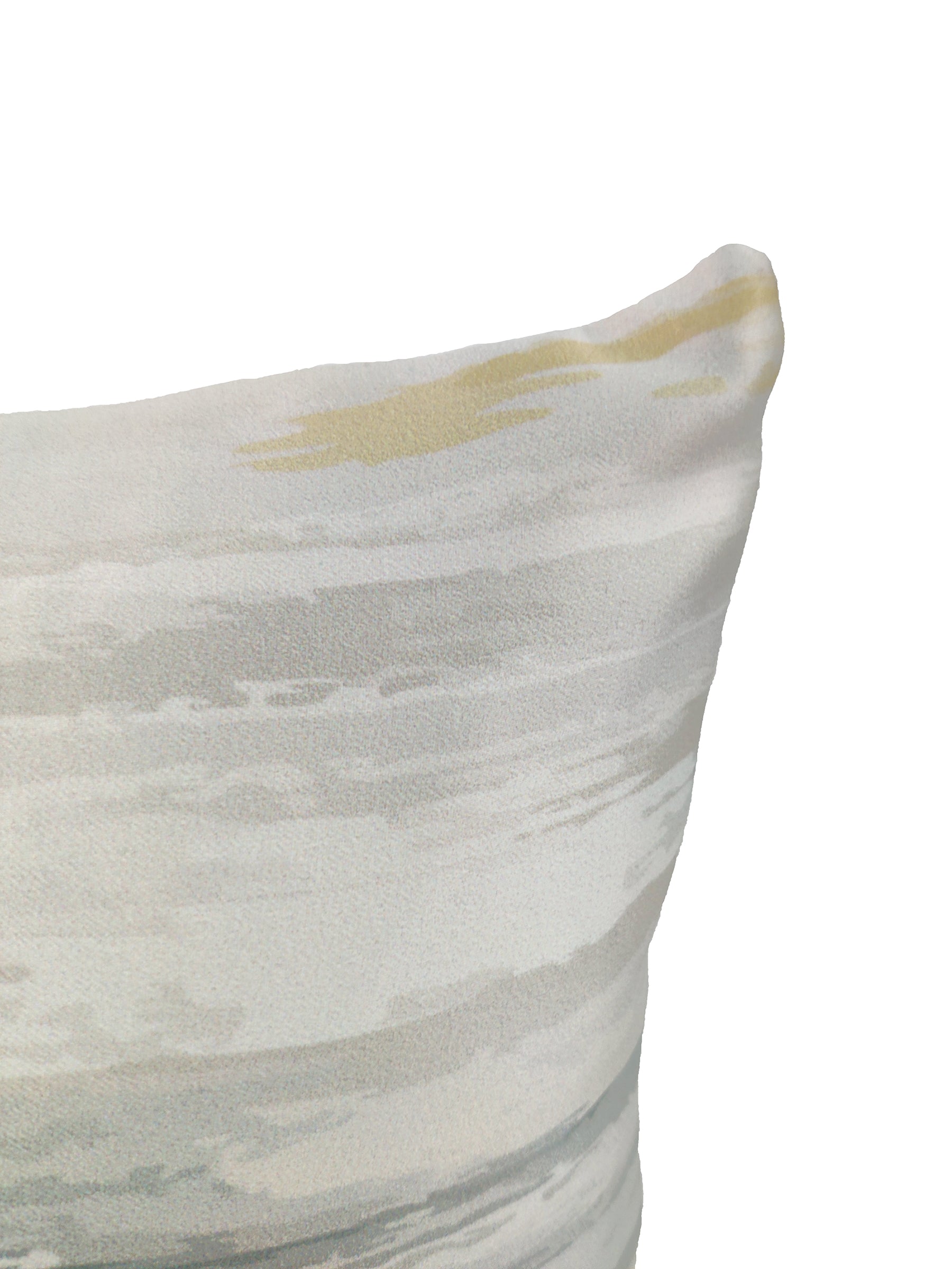 Close-up of the upper right corner of the RAMSHA HOME Polyester Cushion Gradient Print Cushion With Insert cs-244, featuring a soft abstract white, gray, and light beige pattern on a white background.