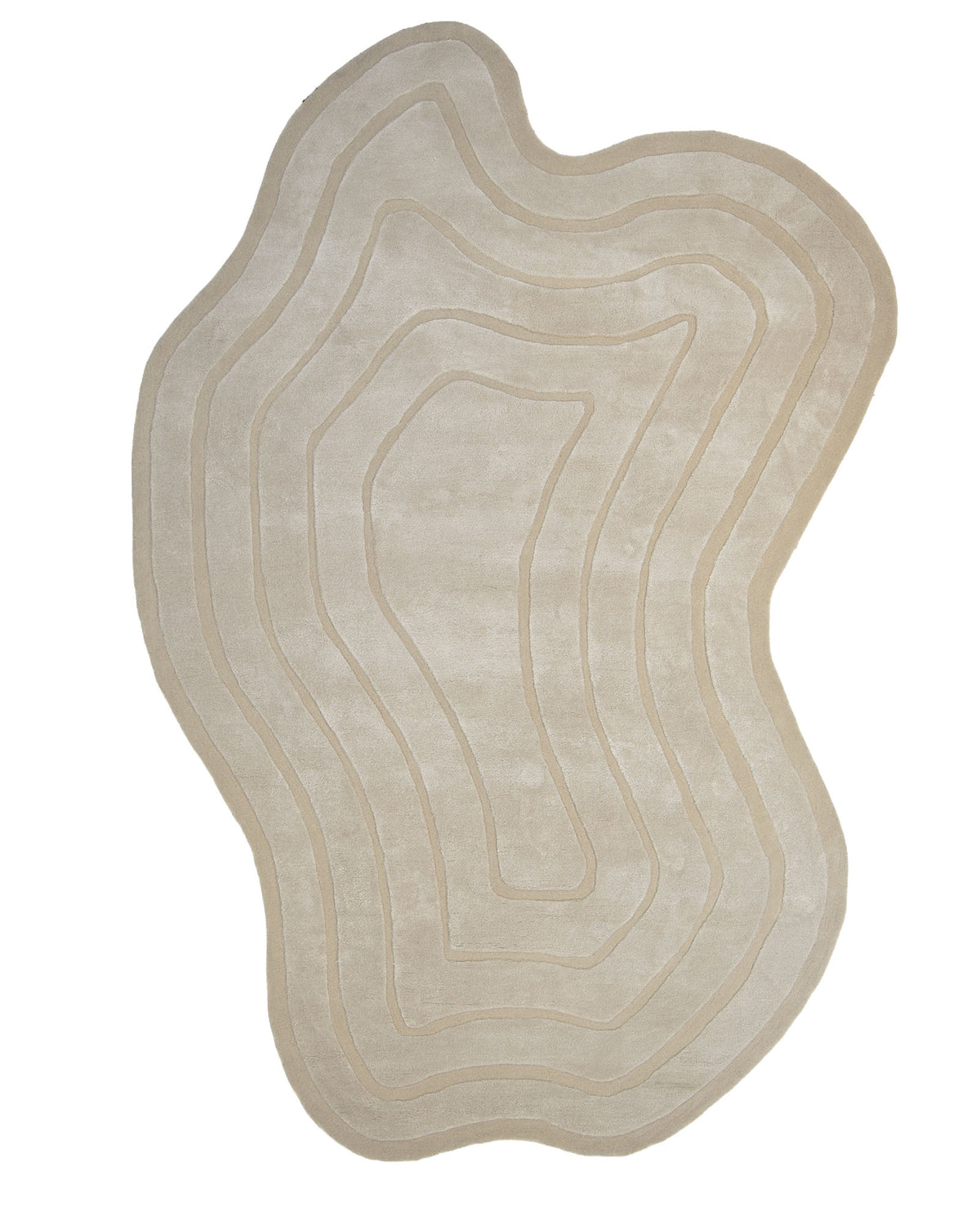 The Luxurious Off-White Hand-Tufted Rug - HTWV 111 (200x300cm) by RAMSHA HOME features an irregular shape and wavy, concentric lines reminiscent of topographic map contours.