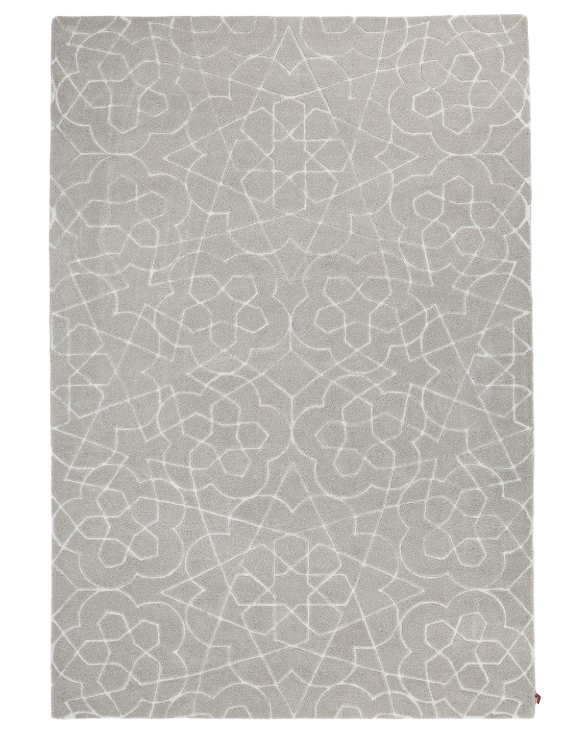 The RAMSHA HOME “Home Decor Area Rug HTP-17” is a light gray hand-tufted rectangular rug adorned with a subtle, intricate geometric pattern of white lines resembling interconnected floral and star shapes. This transitional floor covering effortlessly enhances any space with its elegant design.