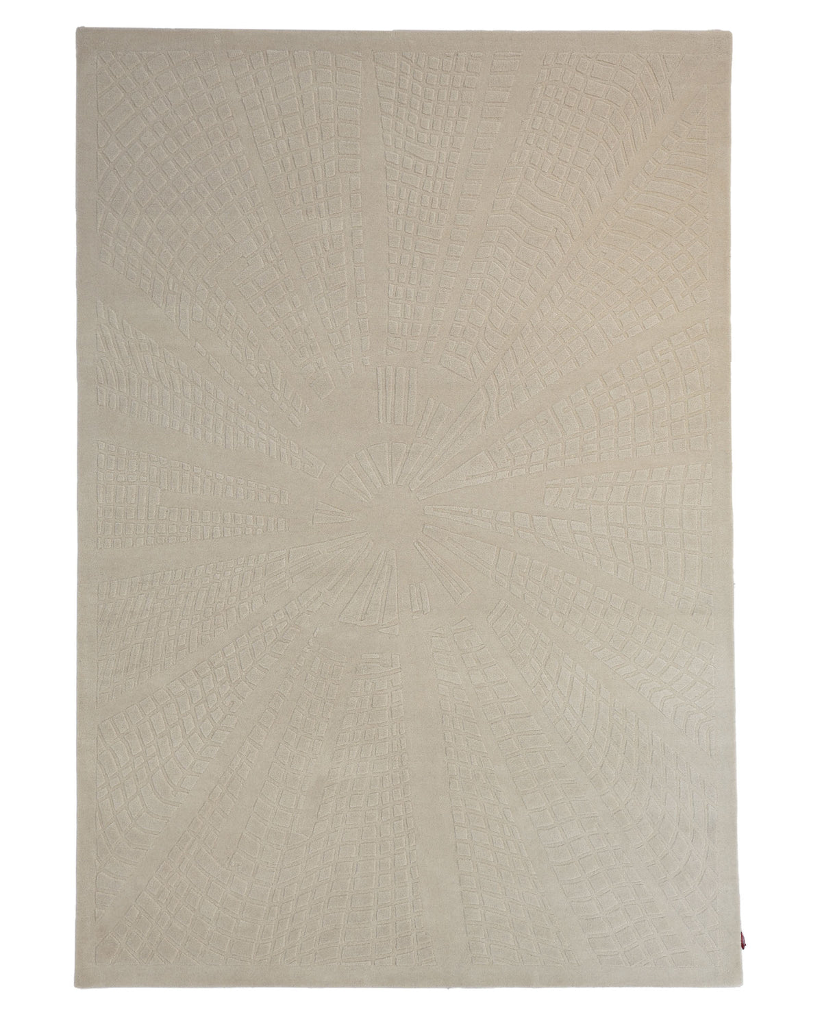 Introducing the RAMSHA HOME Rectangle Shape Beige Color Handmade Area Rug - HTW 132 (200x300 cm): This beige wool rug showcases a rectangular silhouette and features an understated, embossed geometric pattern that radiates outward from the center, evoking a subtle sunburst effect with its web-like textured surface.