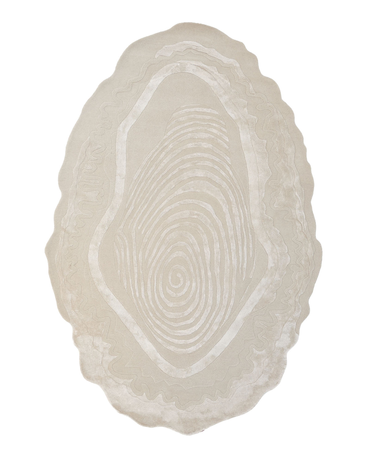 The RAMSHA HOME Abstract Beige Handcrafted Rug – Neutral Textured Modern Area Rug (HTWV 204) features an oval shape with a fingerprint-inspired swirl design at its center and uniquely wavy, irregular edges, introducing abstract elegance and contemporary style to any space.
