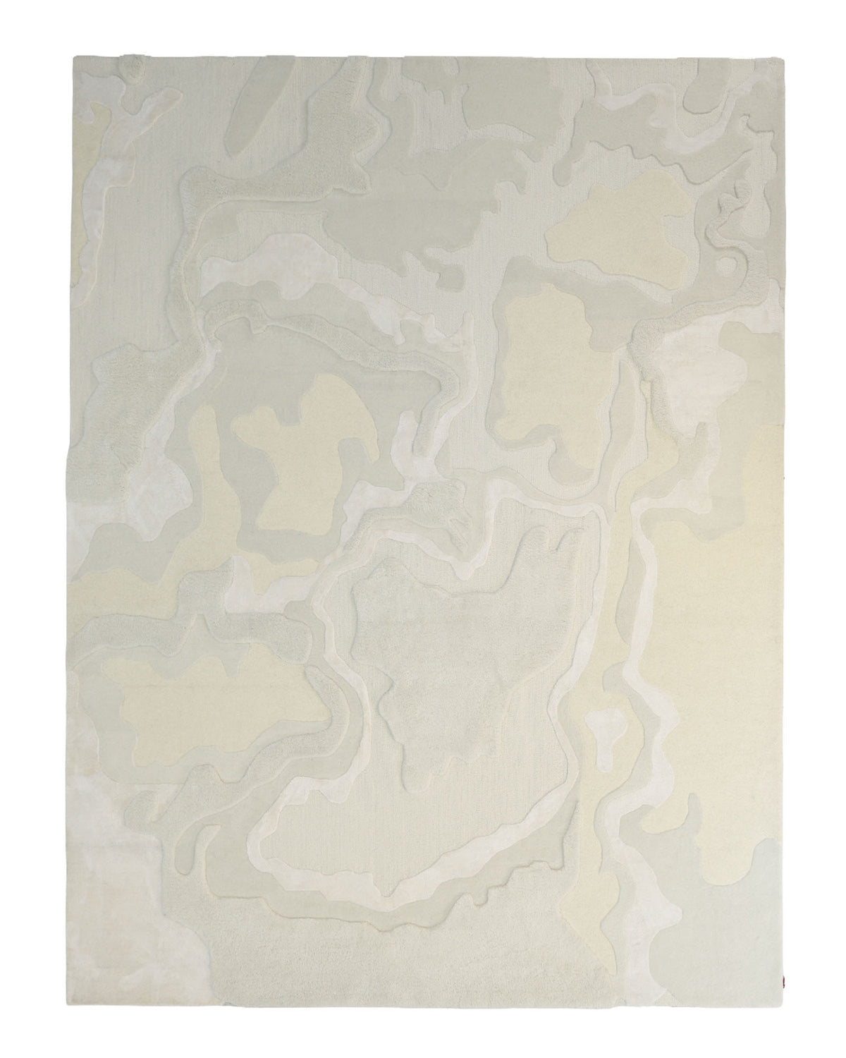 The RAMSHA HOME Handcrafted Natural White Area Rug – HTWV-129 is a rectangular beige area rug showcasing an abstract, wavy pattern in soft shades of cream, beige, gray, and light yellow. Its modern design features organic shapes reminiscent of topographical lines.