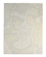 The RAMSHA HOME Handcrafted Natural White Area Rug – HTWV-129 is a rectangular beige area rug showcasing an abstract, wavy pattern in soft shades of cream, beige, gray, and light yellow. Its modern design features organic shapes reminiscent of topographical lines.